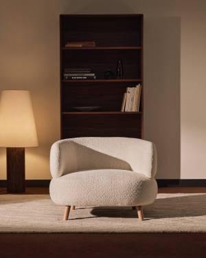 Luisa fire-retardant ecru bouclé armchair with solid beech wood legs 90cm