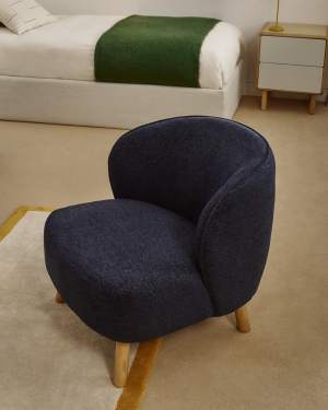 Ulit armchair in blue-grey chenille with solid beech wood legs in a natural finish