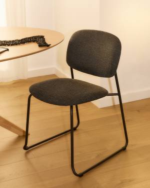 Meli stackable chair in grey chenille with grey metal legs FSC Mix Credit