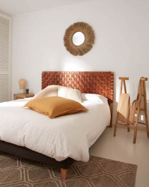 Calixta solid teak wood and leather headboard with natural finish for a bed up to 150 cm