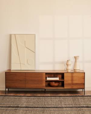 Vedrana 3-door TV stand in walnut veneer with black steel legs, 195 x 55 cm