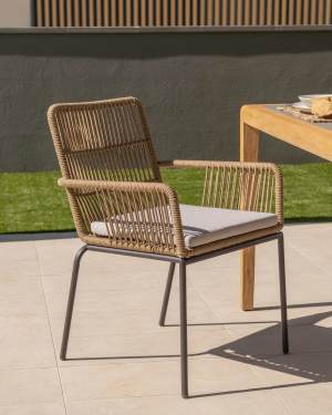 Samanta stackable chair made from beige cord and galvanised steel legs.