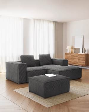 2-Sitzer-Sofa Blok mit dickem, grauen Cord und Chaiselongue rechts 240 cm FSC Mix Credit