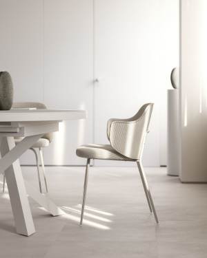 Yunia chair in beige wide seam corduroy with steel legs in a powder coated beige finish FSC 100%