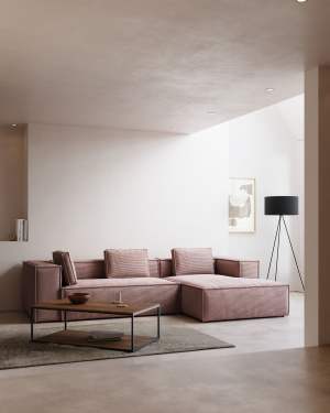 Blok fire-retardant 3-seater sofa with right chaise longue in thick pink corduroy 300cm