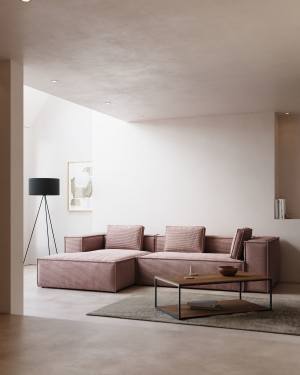 Blok fire-retardant 3-seater sofa with left chaise longue in thick pink corduroy 300cm