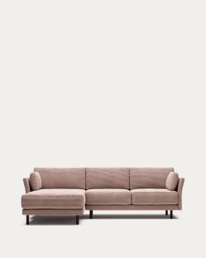 Gilma fire-retardant 3-seater sofa with right/left chaise longue in thick pink corduroy with black-finish legs 260cm