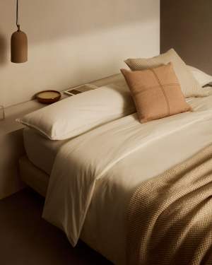 Σετ παπλωματοθήκη και μαξιλαροθήκη Sifinia 100% βαμβάκι περκάλι με κρόσσια, εκρού, για κρε