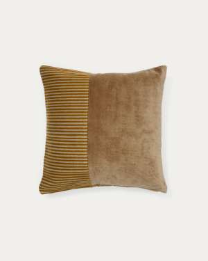 Samit 100% cotton velvet cushion cover with contrasting mustard-coloured stripes, 45 x 45 cm