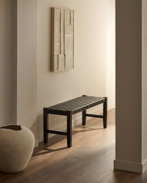 Banc Calixta de pell i fusta massissa de caoba amb acabat negre 120 cm