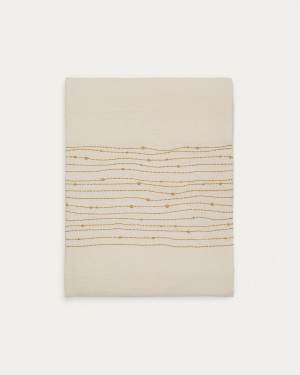 Flia white linen and cotton tablecloth gold-coloured lurex embroidered detail, 150 x 250 cm