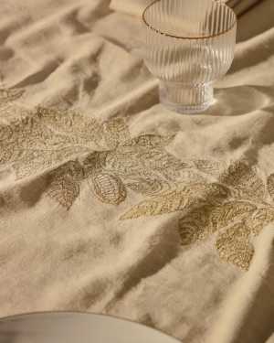 Oreti tablecloth in beige cotton and linen and cocoa embroidery feature, 150x250cm