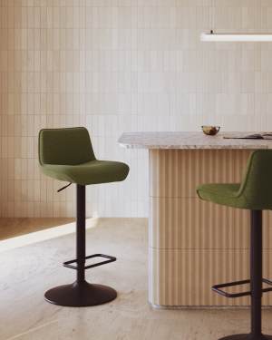 Sgabello Zenda in ciniglia verde scuro e acciaio nero opaco, altezza 81-102 cm FSC 100%