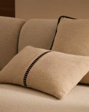 Ardit beige linen and cotton cushion cover contrasting black embroidered stripe 30 x 50 cm