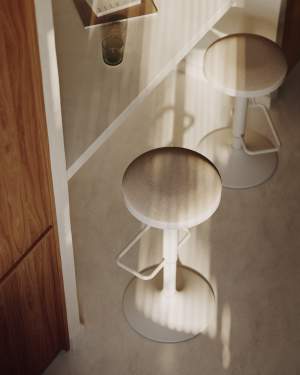 Zaib Hocker aus beigefarbener Chenille und mattweißem Stahl Höhe 63-84 cm FSC 100%