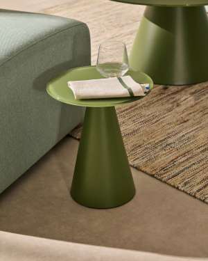 Wilshire side table with frosted tempered glass and matt green painted steel finish Ø30cm