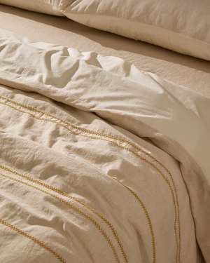 Linara Set of Duvet Cover and Pillowcases in Beige Cotton and Linen for 150 cm Bed