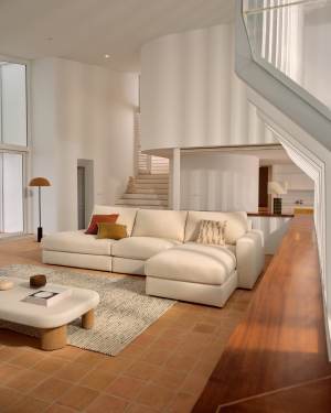 Canapé modulable déhoussable Alea 5 places avec méridienne droite chenille écrue 340 cm