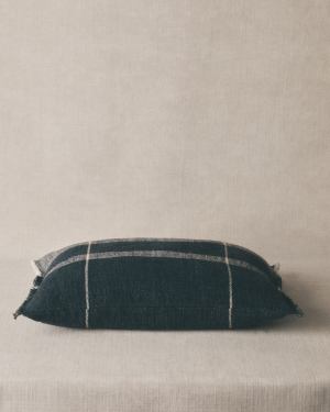 Eron blue checked linen cushion cover with fringing 40 x 60cm