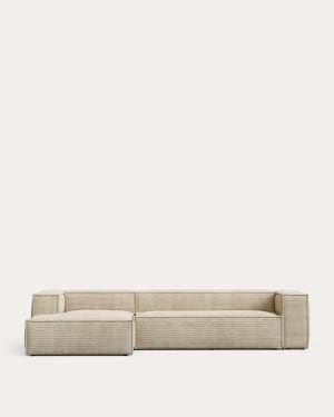 Blok fire-retardant 4-seater sofa with left chaise longue in thick ecru corduroy 330cm FSC Mix Credit