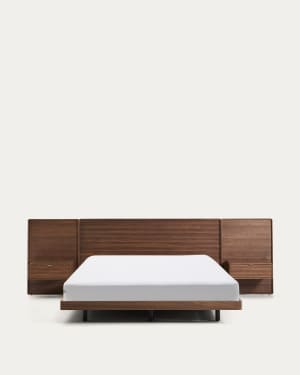 Norlen bed with 2 bedside tables in walnut veneer with dark finish and LED light for 160 x 200cm mattress FSC Mix Credit