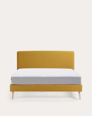 Dyla bed with removable cover in mustard, with solid beech wood legs for a 160 x 200 cm mattress