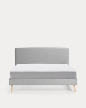 Dyla bed with removable cover in grey, with solid beech wood legs for a 160 x 200 cm mattress