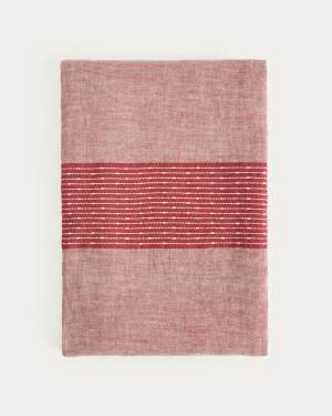 Calena linen jacquard tablecloth with red central stripe 150 x 250 cm