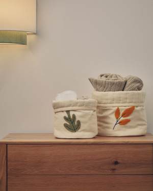 Σετ 2 παιδικών καλαθιών Tandani από μπεζ βαμβάκι με κεντημένα φύλλα