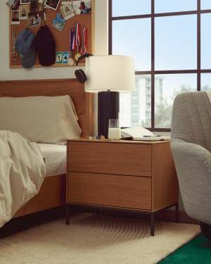 Vedrana beside table, 2 oak veneer drawers, and black steel legs, 60 x 55 cm