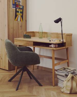 Araxi table in veneer, solid ash wood and rattan 105 x 62 cm