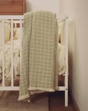 Coperta Tivaro 100% cotone jacquard a quadri verde chiaro, doppia faccia 130 x 170 cm
