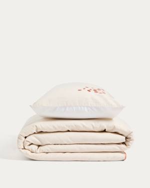 Virelda duvet cover and pillowcase set in beige cotton and linen with embroidered detail for 90cm bed