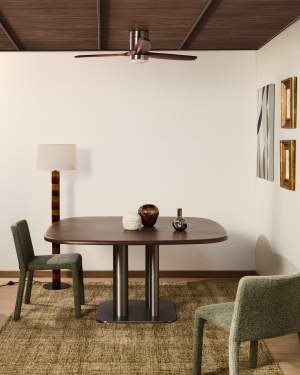 Taula Melvar de xapa de noguera i potes amb base d'acer inoxidable raspallat 121x121 cm