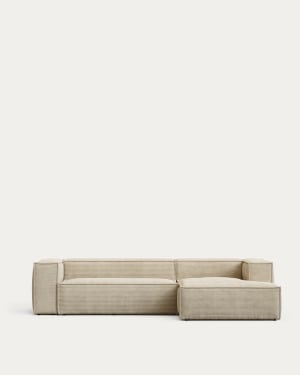 Blok fire-retardant 3-seater sofa with right chaise longue in thick ecru corduroy 300cm FSC Mix Credit