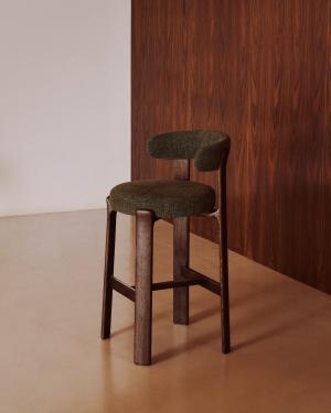 Tabouret Granite en tissu chenille verte et bois de frêne avec finition ton noyer FSC 100 % 75 cm