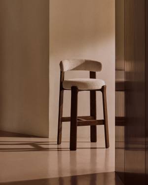 Tabouret Granite en tissu chenille beige et bois de frêne avec finition ton noyer FSC 100 % 75 cm