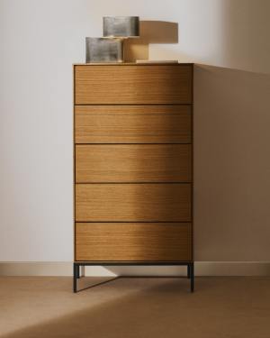 Vedrana 5 drawer chest of drawers in oak veneer with black steel legs, 60 x 114 cm