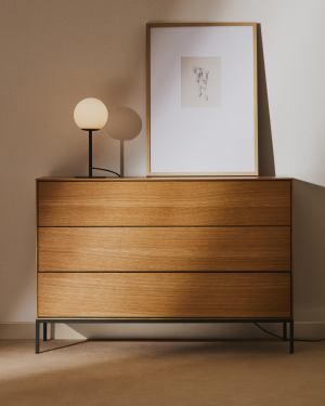Vedrana 3 drawer chest of drawers in oak veneer with black steel legs, 110 x 75 cm