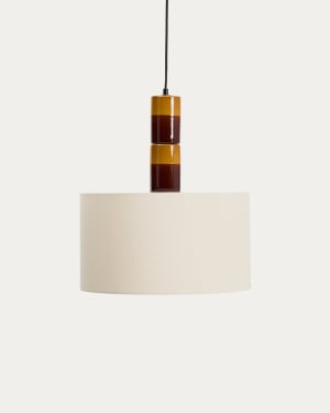 Mavran ceiling lamp in brown and mustard ceramic with cotton lampshade