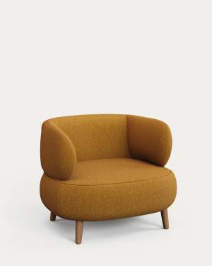 Luisa fire-retardant mustard bouclé armchair with solid beech wood legs 90cm