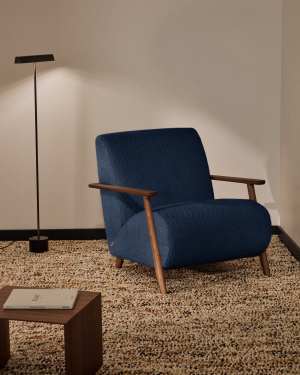 Meghan fire-retardant armchair in blue bouclé and solid ash wood with walnut-coloured finish FSC Mix Credit