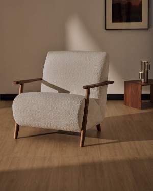 Meghan fire-retardant armchair in beige bouclé and solid ash wood with walnut-coloured finish FSC Mix Credit