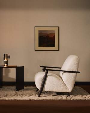 Meghan fire-retardant armchair in ecru bouclé and solid ash wood with wenge-coloured finish FSC Mix Credit