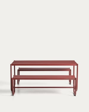 Sotil Set of 2 Benches and Galvanized Steel Table with Garnet Finish 183 x 83 cm