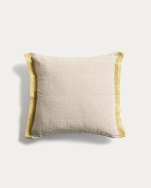 Disea cushion cover in beige linen with yellow detail 45 x 45cm