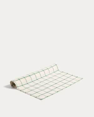 Adesta table runner in 100% cotton ecru with green checks 50 x 150 cm