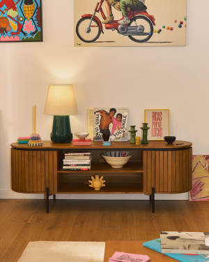 Licia solid mango wood TV stand with 2 doors and black finish metal, 160 x 56 cm