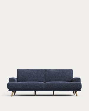 Karin 3-seater sofa dark blue with solid beech wood legs with natural finish, 231 cm