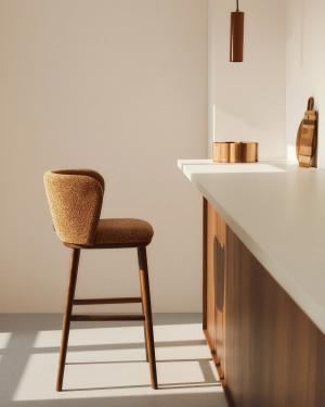 Ciselia terracotta thick chenille stool with solid ash wood legs with walnut-coloured finish FSC Mix Credit 75cm